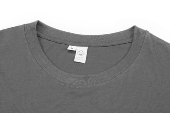 A grey cotton T-shirt featuring a round neck and a small logo on the label.