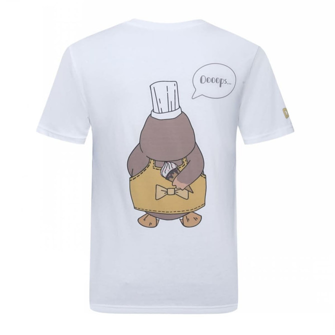 A white cotton t-shirt featuring a cartoon platypus wearing a chef's hat and apron with a speech bubble.