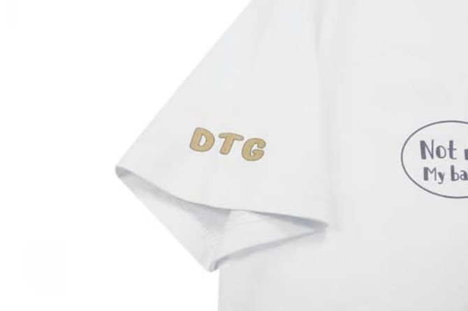 A white cotton t-shirt featuring a logo on the sleeve and a graphic print on the front.