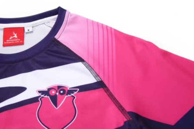 A pink and navy sports dress with a logo, featuring a sporty design and anti-chlorine fabric.