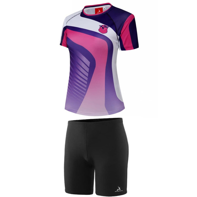 A sports uniform featuring a short-sleeve top with purple and pink designs, paired with black shorts. It includes a logo.