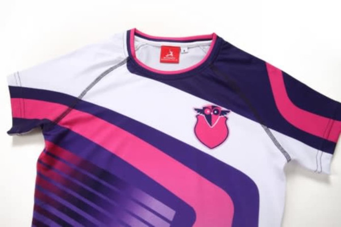 A sports jumper in purple, pink, and white with a logo on the front and stylish design elements.