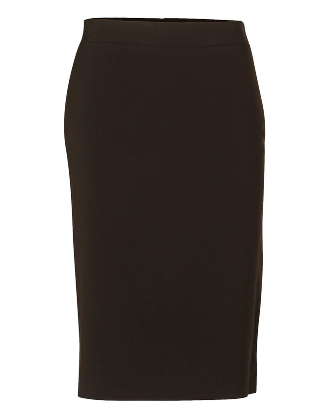 A dark green mid-length lined pencil skirt in poly/viscose stretch fabric, featuring a sleek design.