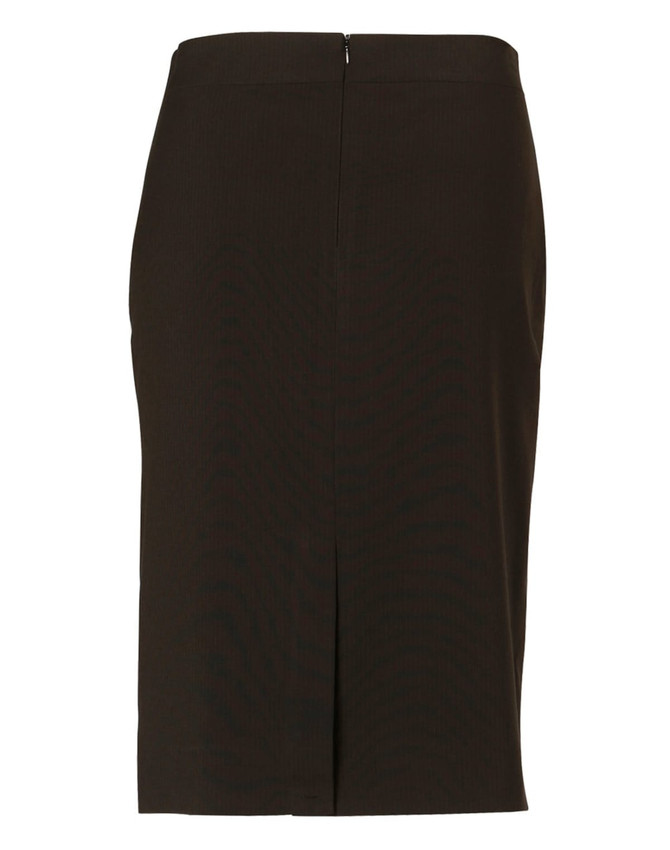 A women's mid-length lined pencil skirt in dark brown poly/viscose stretch stripe with a back zipper.