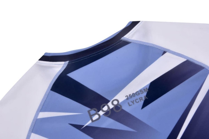 A swimwear garment in shades of blue and white, featuring a modern geometric pattern and a logo on the back.