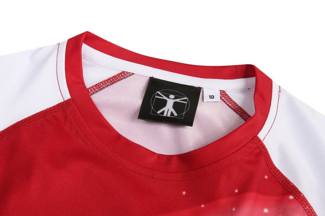 A red and white sports uniform top with a crew neck and a logo on the label.