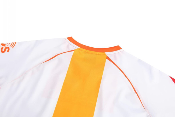 A white lifeguard costume featuring orange and yellow stripes, with an unbranded logo on the sleeve.