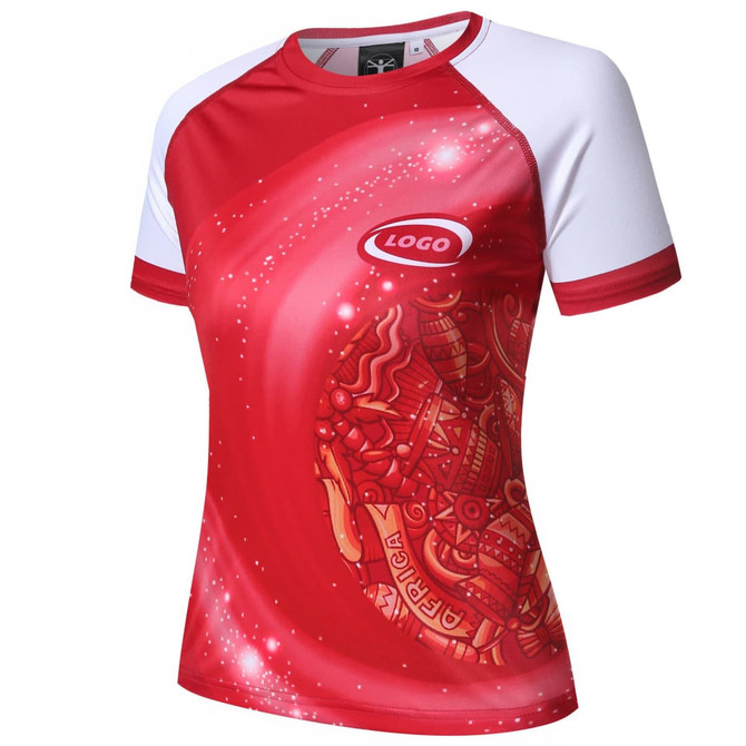 A vibrant red women's swim shirt with white sleeves and a decorative design, featuring a logo on the front.
