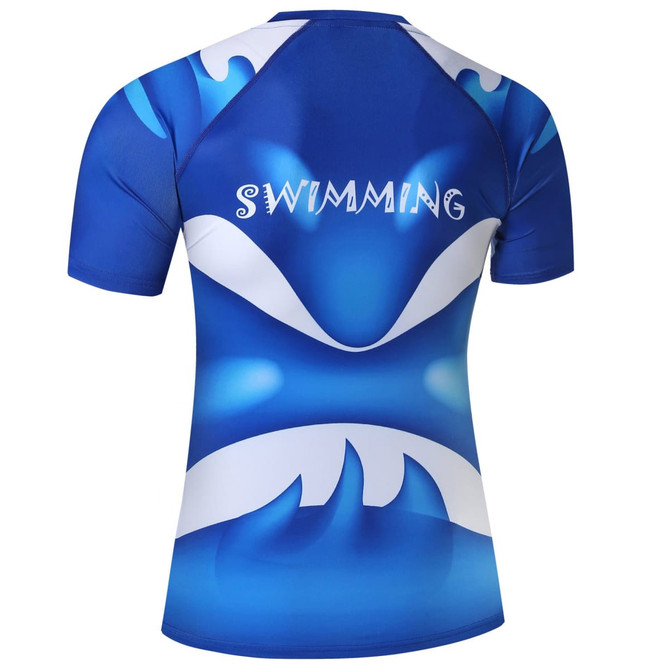 A blue swim shirt featuring a wave design and a logo on the back. The shirt has short sleeves.