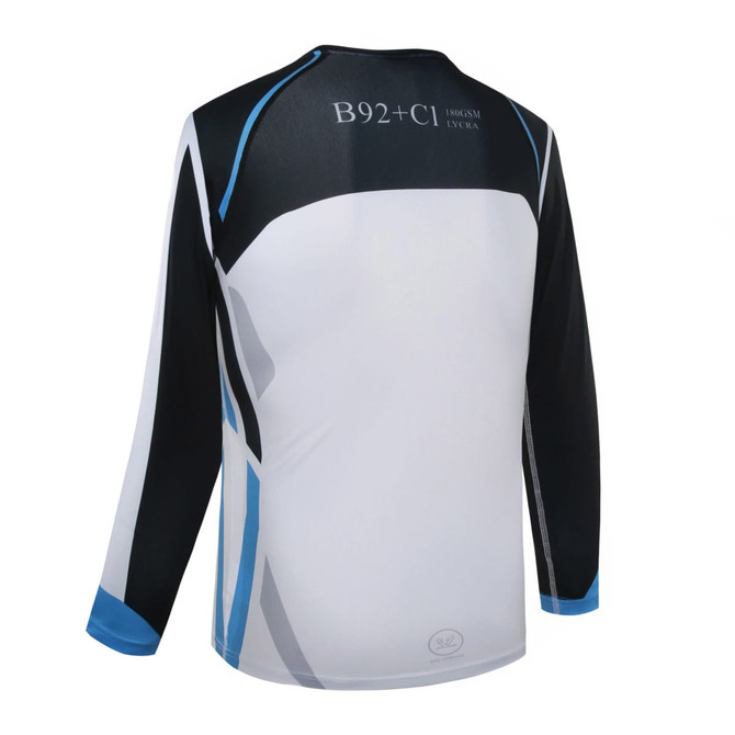 A long-sleeved swimwear top in white, black, and blue, featuring a logo on the back.