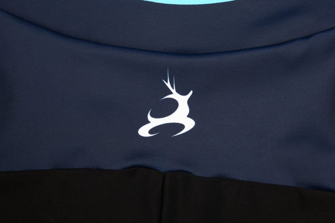 A INLINE speed skating suit in navy blue and black featuring a white logo.