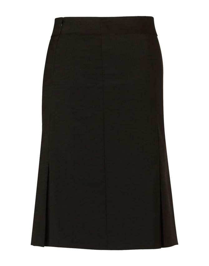 A black women's pleated skirt made from wool stretch fabric, featuring a straight cut and side zip.
