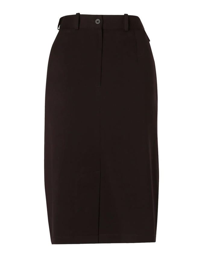 A women's A-line utility skirt in dark brown, featuring a waistband and pockets, made from poly/viscose stretch twill.