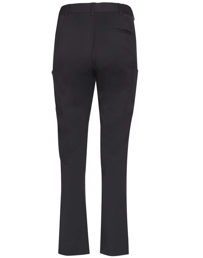Black women's utility cargo pants with pockets, featuring a straight leg design and a logo.