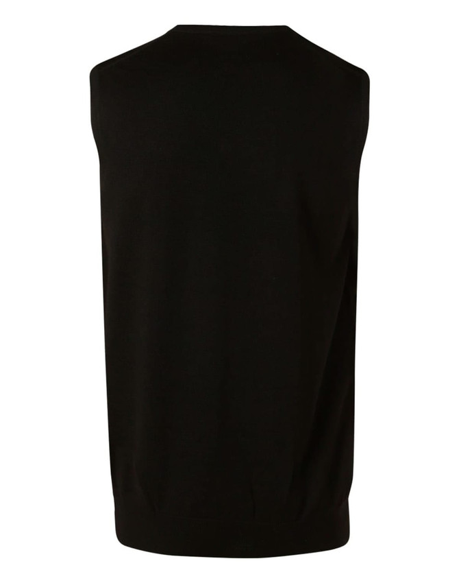 A black men's 100% Merino wool V-neck vest displayed from the back, featuring a simple design and no sleeves.