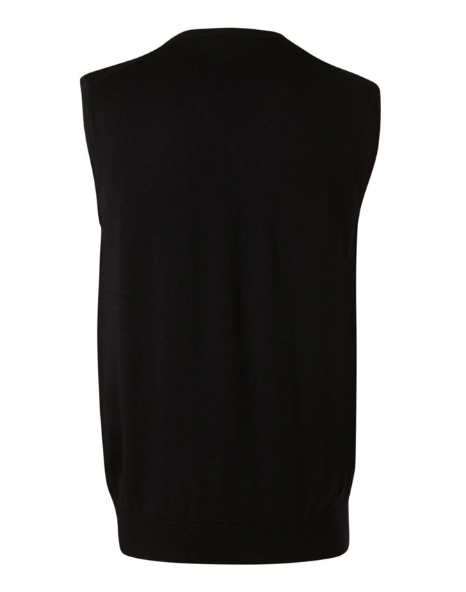 A black men's 100% Merino wool V-neck vest, featuring a sleeveless design and a fitted bottom.