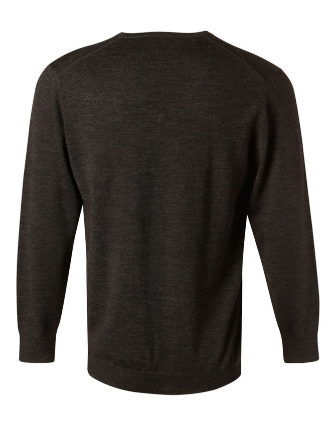 A dark grey men's 100% Merino wool V-neck long-sleeve sweater, featuring a simple design and fitted sleeves.