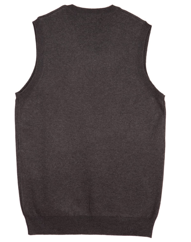 A dark grey women's V-neck vest with sleeveless design and ribbed detailing at the hem. It features a logo.