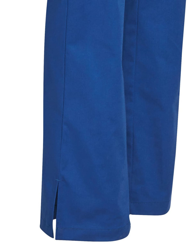 A pair of blue solid colour scrub pants with side slits at the hem, featuring a brand logo.
