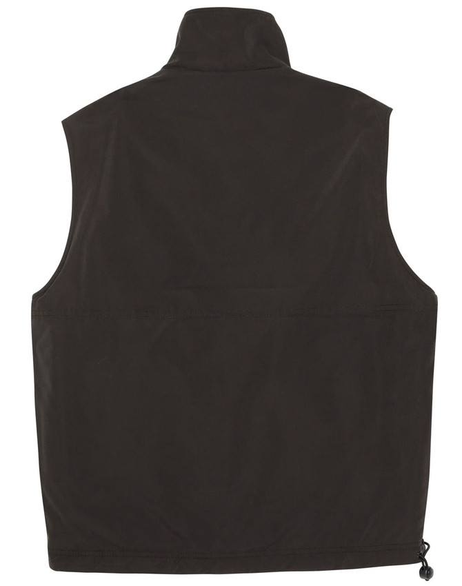 A unisex reversible vest in dark green with a standing collar and a drawstring hem. Features a logo.