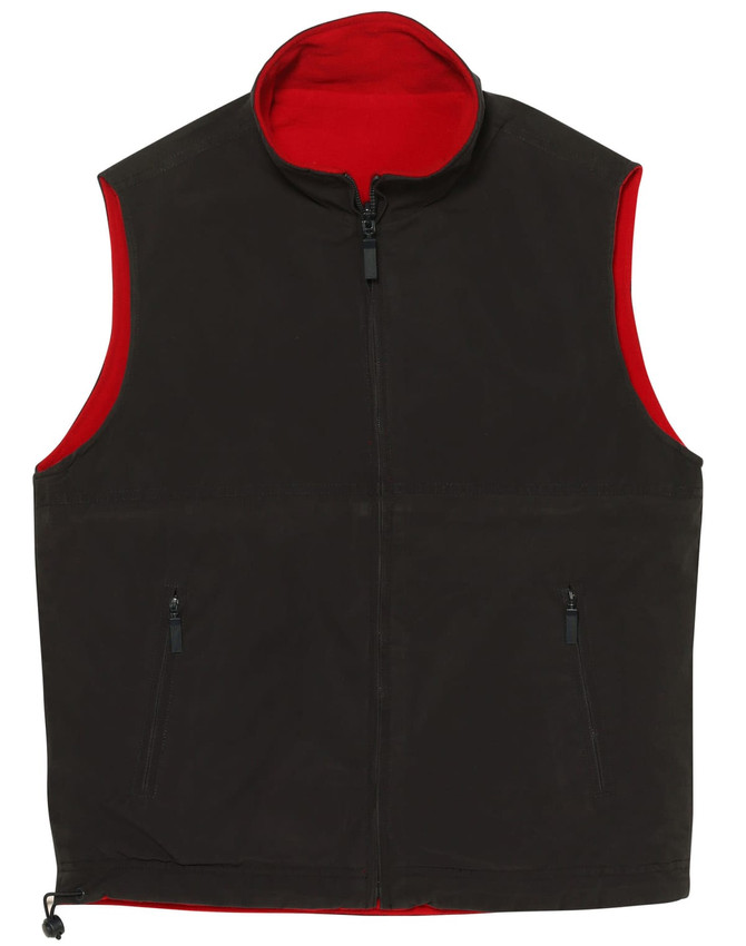 A unisex reversible vest featuring a dark exterior and a contrasting red interior. It includes two zippered pockets and a logo.