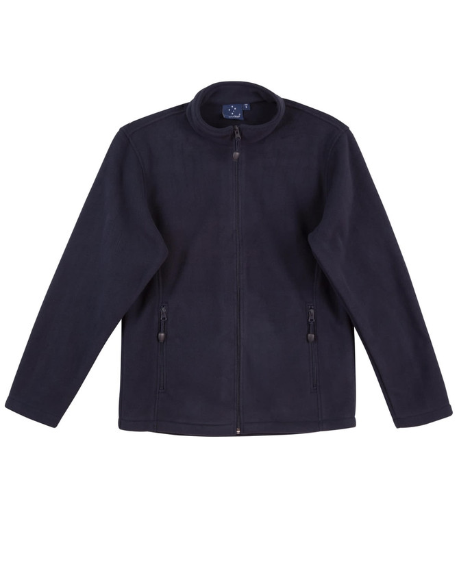 A navy polar fleece jacket with a full zip, featuring two zippered pockets and a collar. It has a logo.