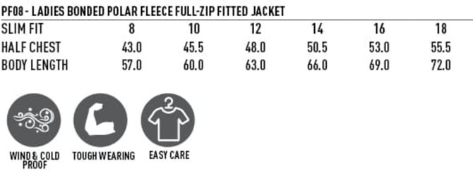 Polar fleece jacket in various sizes, featuring wind and cold proof properties, tough wearing, and easy care design.