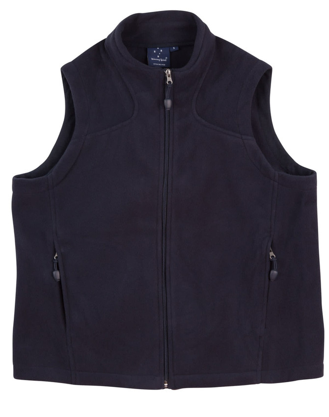 A navy blue fleece vest for kids featuring a zip front and side pockets, with a brand logo.
