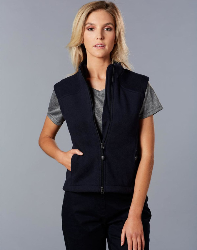 A ladies' bonded polar fleece vest in navy blue, featuring a zip front and a logo on the chest.