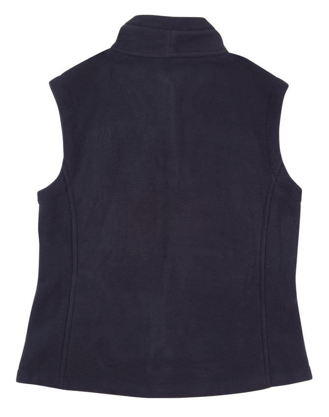 A navy blue ladies' bonded polar fleece vest with a high collar and no sleeves. It features a branding logo.