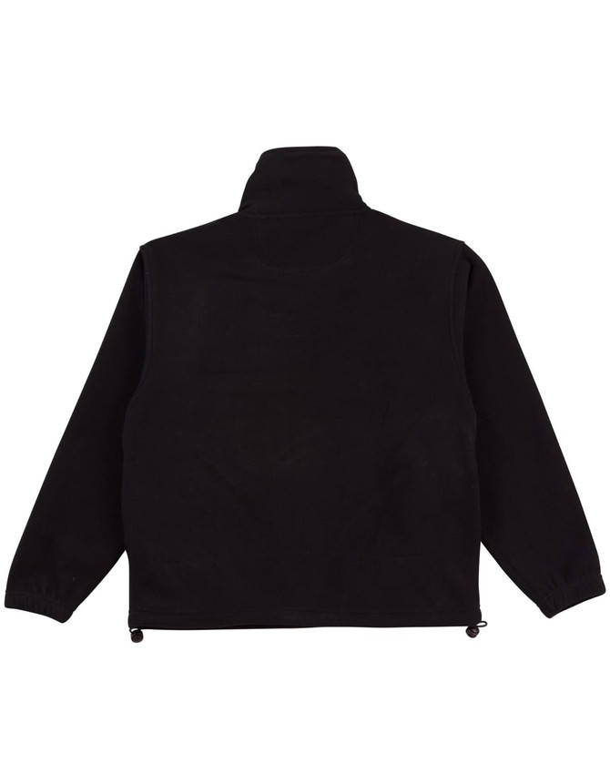 A black polar fleece pullover for kids with a high collar and adjustable hem. Features a logo on the back.