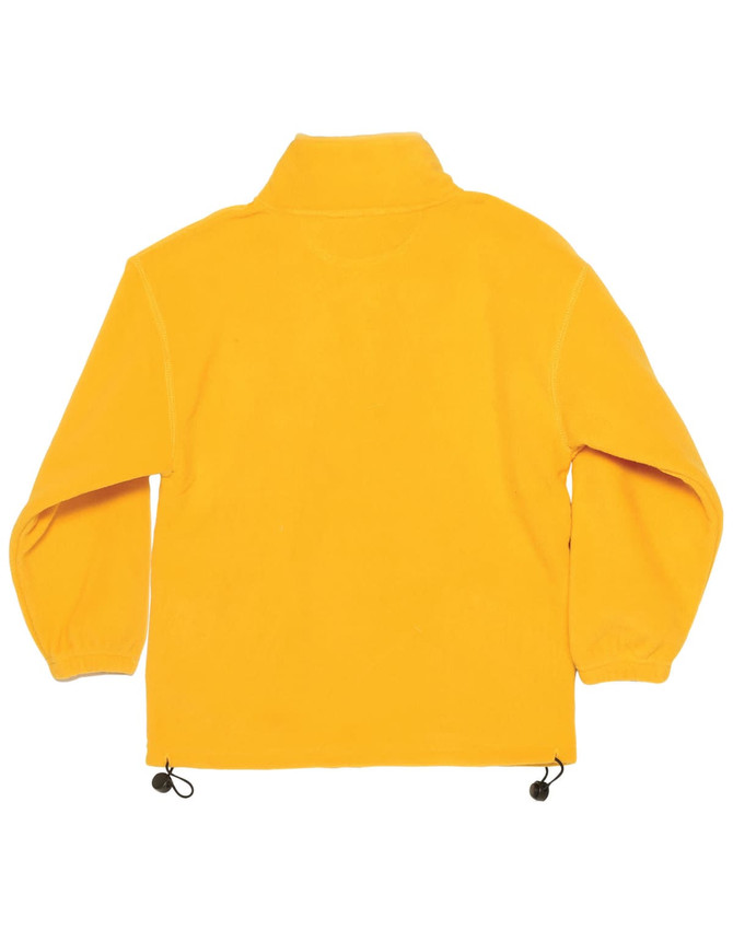 A bright yellow polar fleece pullover for kids featuring a high collar and adjustable hem drawstrings.