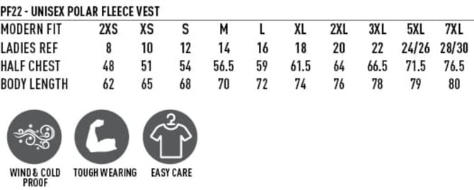 A polar fleece vest in multiple sizes, featuring a modern fit design. It has a logo and is available in various colours.