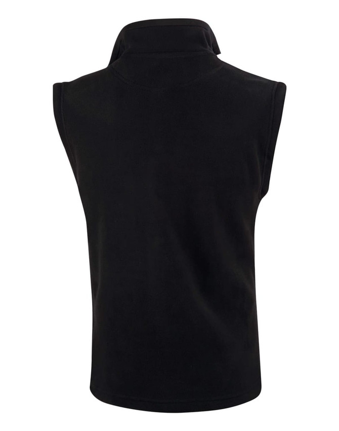 A black polar fleece vest with a high collar and no sleeves, featuring a logo on the back.