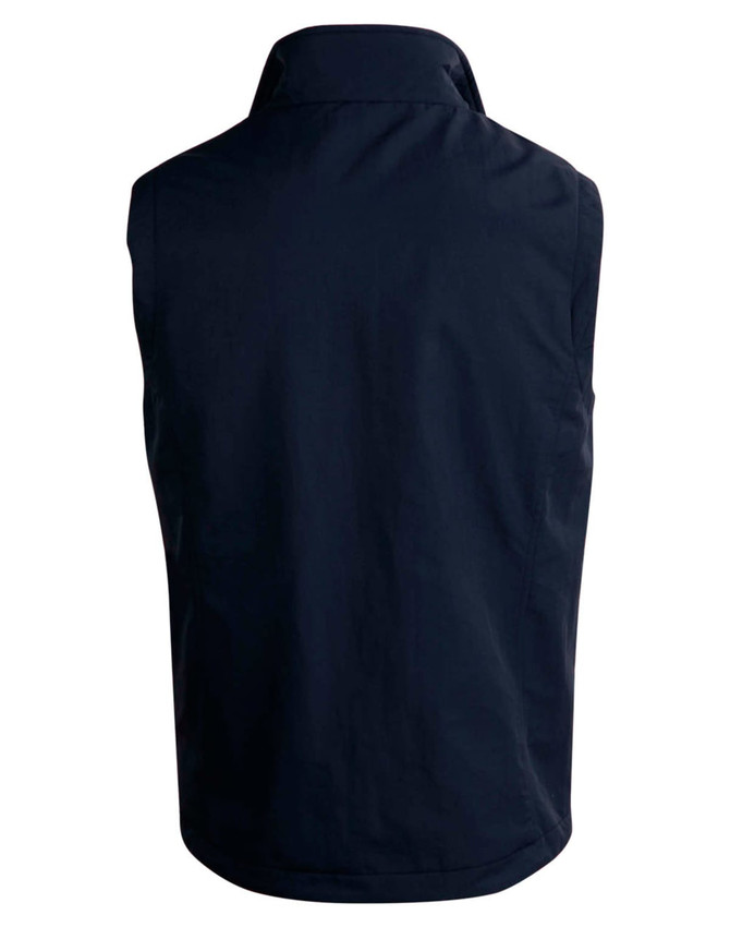 A unisex reversible vest in navy blue with a collared neck and no visible design on the back. It features a logo.