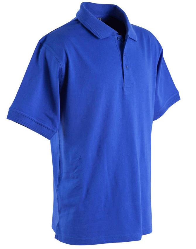 A unisex polo shirt in bright blue, featuring a collar and three button placket, with a logo on it.