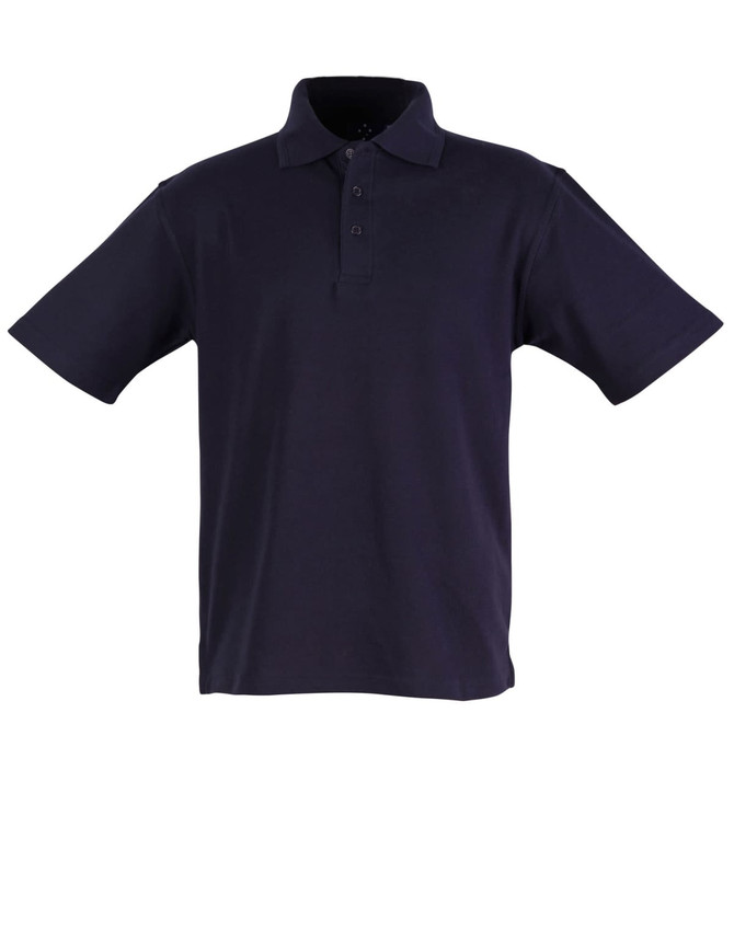 A navy blue children's polo shirt with a collar and short sleeves, featuring a button placket and a logo.