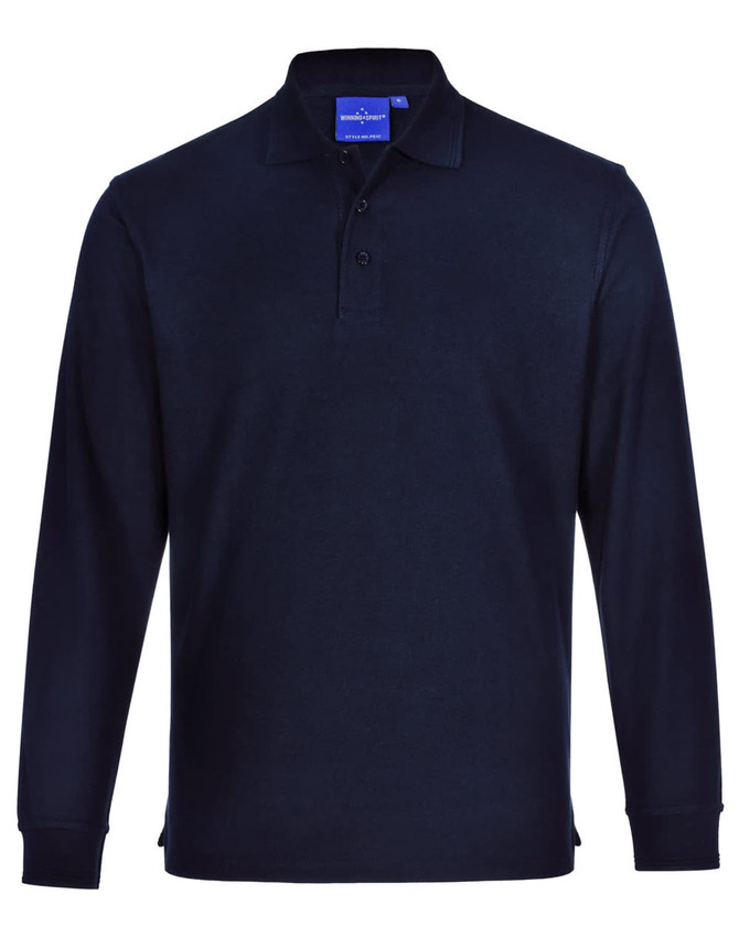 A dark navy unisex traditional poly/cotton pique long sleeve polo shirt with a logo on the collar.