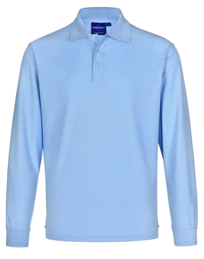A light blue unisex long sleeve polo shirt made from poly/cotton pique fabric with a collar and a logo.