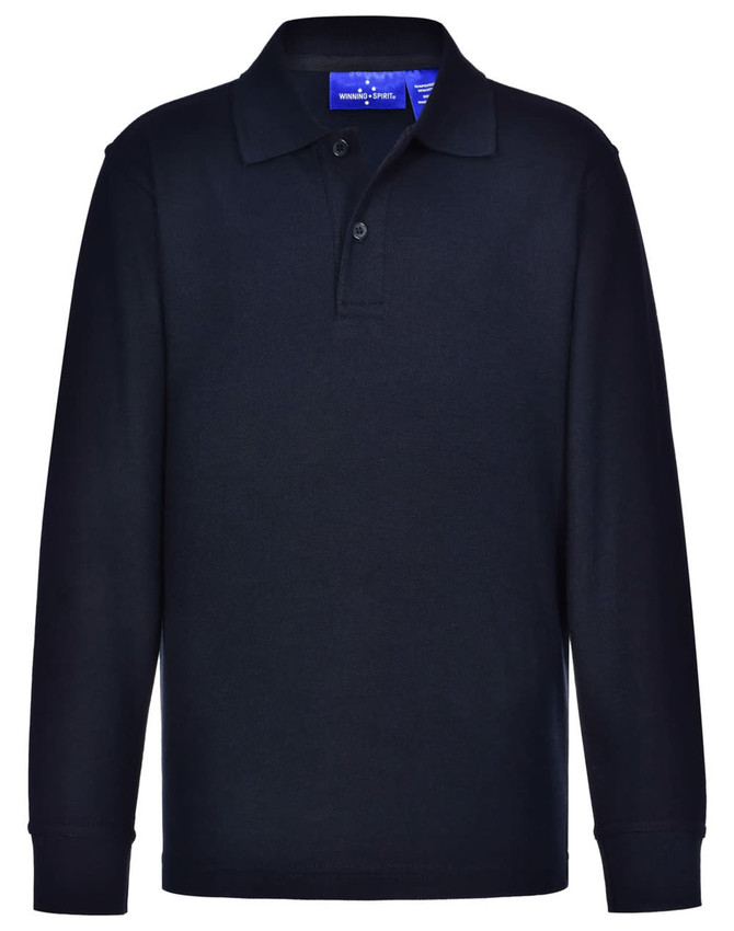 A navy long sleeve polo shirt made from traditional poly/cotton pique knit, featuring a collar and three buttons.