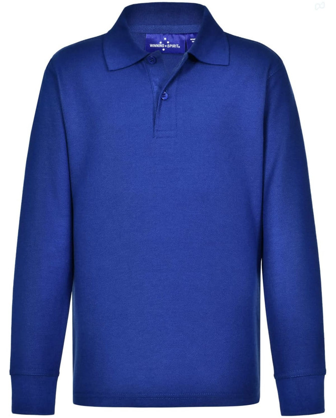 A blue long sleeve polo shirt made from traditional poly/cotton pique knit, featuring a three-button placket and a collar.
