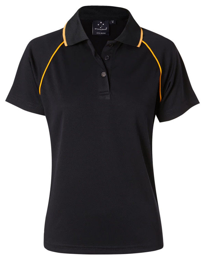 A black polo shirt with orange accents and a collar, featuring a logo on the chest.