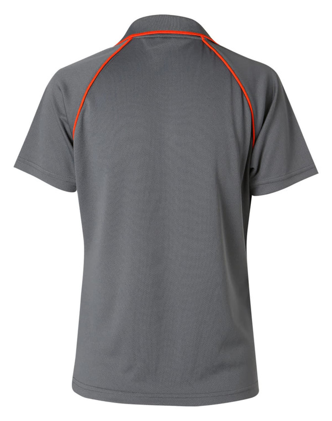 A grey polo shirt with short sleeves and orange accents, featuring a logo on the back.