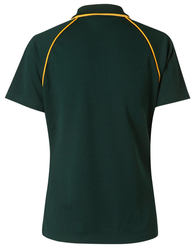A green polo shirt featuring yellow piping along the shoulders and a logo on the back.