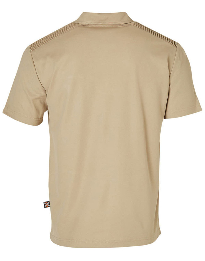 A beige short-sleeved polo shirt featuring a collar and a logo on the back. Designed as workwear.