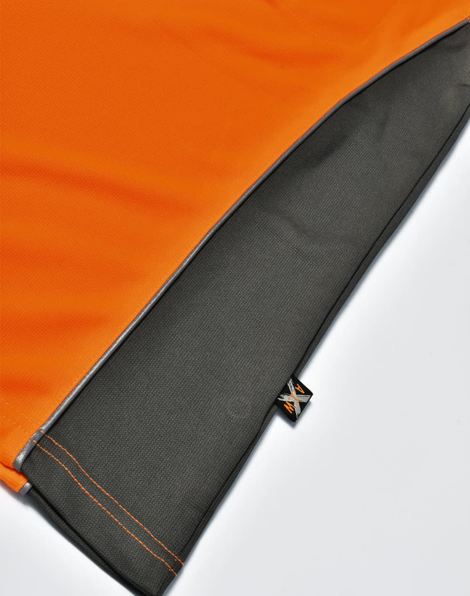 An orange and grey polo shirt featuring a logo on the hem. The fabric is breathable and vented.