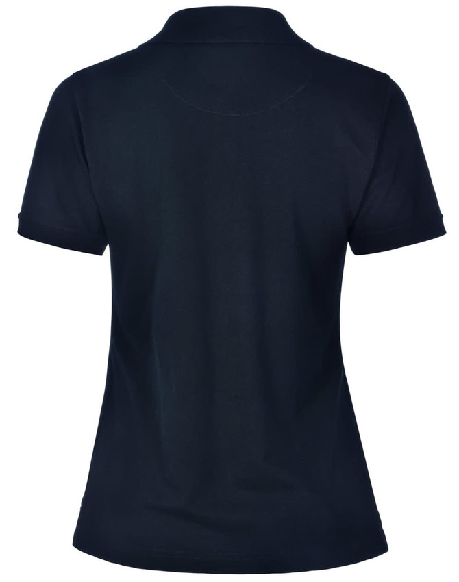 A navy blue ladies’ polo shirt with a classic collar and short sleeves, featuring a logo on the back.
