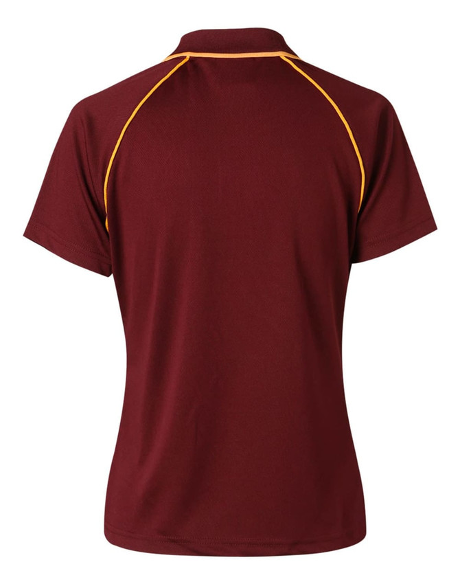 A burgundy short-sleeved polo shirt featuring yellow raglan detailing and a logo.