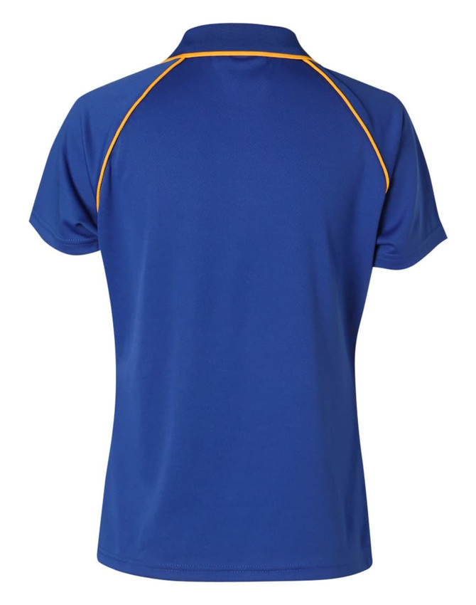 A blue polo shirt featuring yellow piping, designed for kids, with a branded logo on the back.