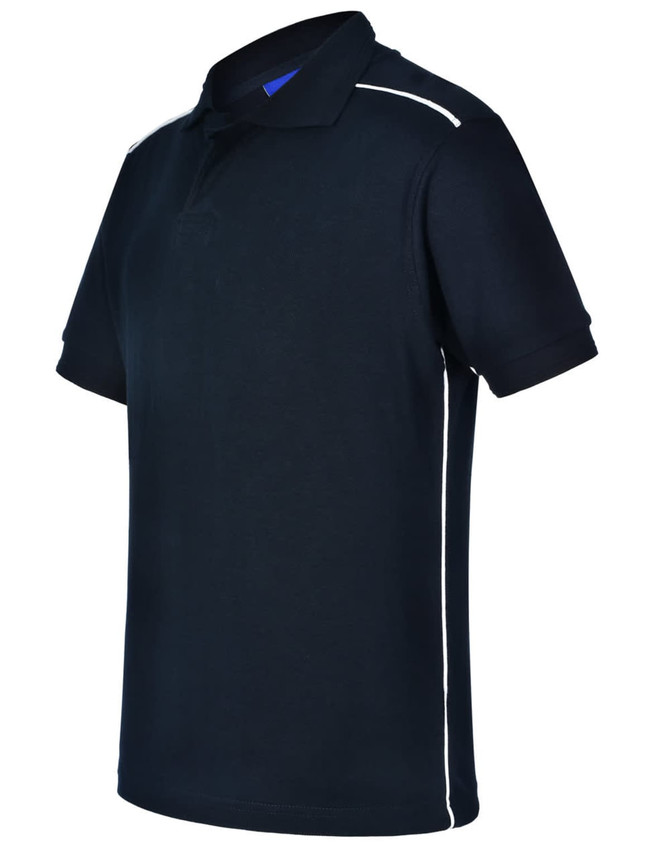 Men's Cambridge Polo in navy with white trim, featuring a collar and short sleeves. Includes a logo.